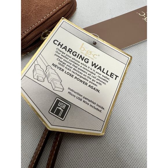 BOC Born Concept Charging Phone Bank Zip Wristlet Wallet Straw & Brown Saddle - Picture 5 of 6